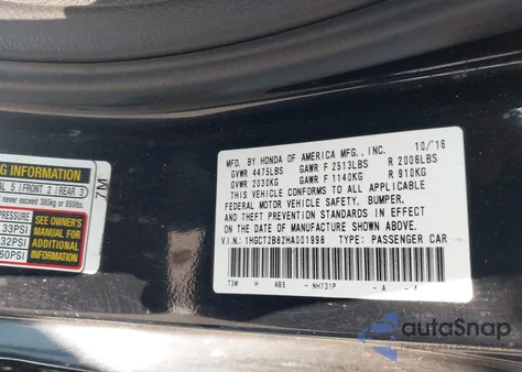 2017 Honda Accord Ex-L V6 z USA, uszkodzony, nr VIN 1HGCT2B82HA001998